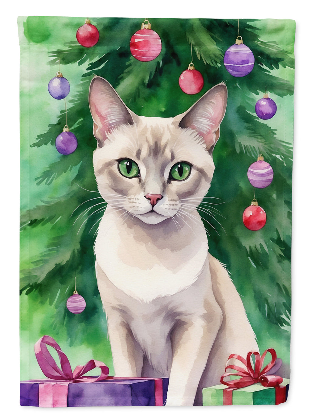 Thai Lilac Cat By the Christmas Tree House Flag 28x40 Porch Sleeve Pole Decorative Outside Yard Banner Artwork Wall Hanging, Polyester