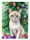 Thai Lilac Cat By the Christmas Tree House Flag 28x40 Porch Sleeve Pole Decorative Outside Yard Banner Artwork Wall Hanging, Polyester
