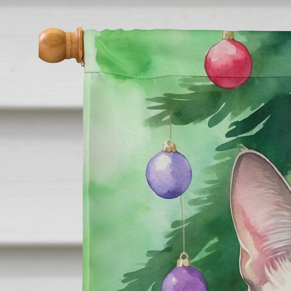Thai Lilac Cat By the Christmas Tree House Flag 28x40 Porch Sleeve Pole Decorative Outside Yard Banner Artwork Wall Hanging, Polyester