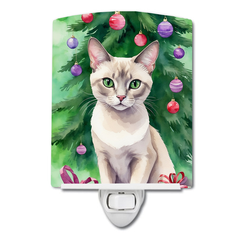 Thai Lilac Cat By the Christmas Tree Ceramic Night Light Compact, UL-Certified, Ideal for Bedroom, Bathroom, Nursery, Hallway, Kitchen, 6x4x3, Multicolor