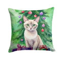 Thai Lilac Cat By the Christmas Tree Decorative Throw Pillow 14x14 Indoor Outdoor Accent Cushion, Fabric Cover with Insert for Sofa, Bed, Porch & Living Room
