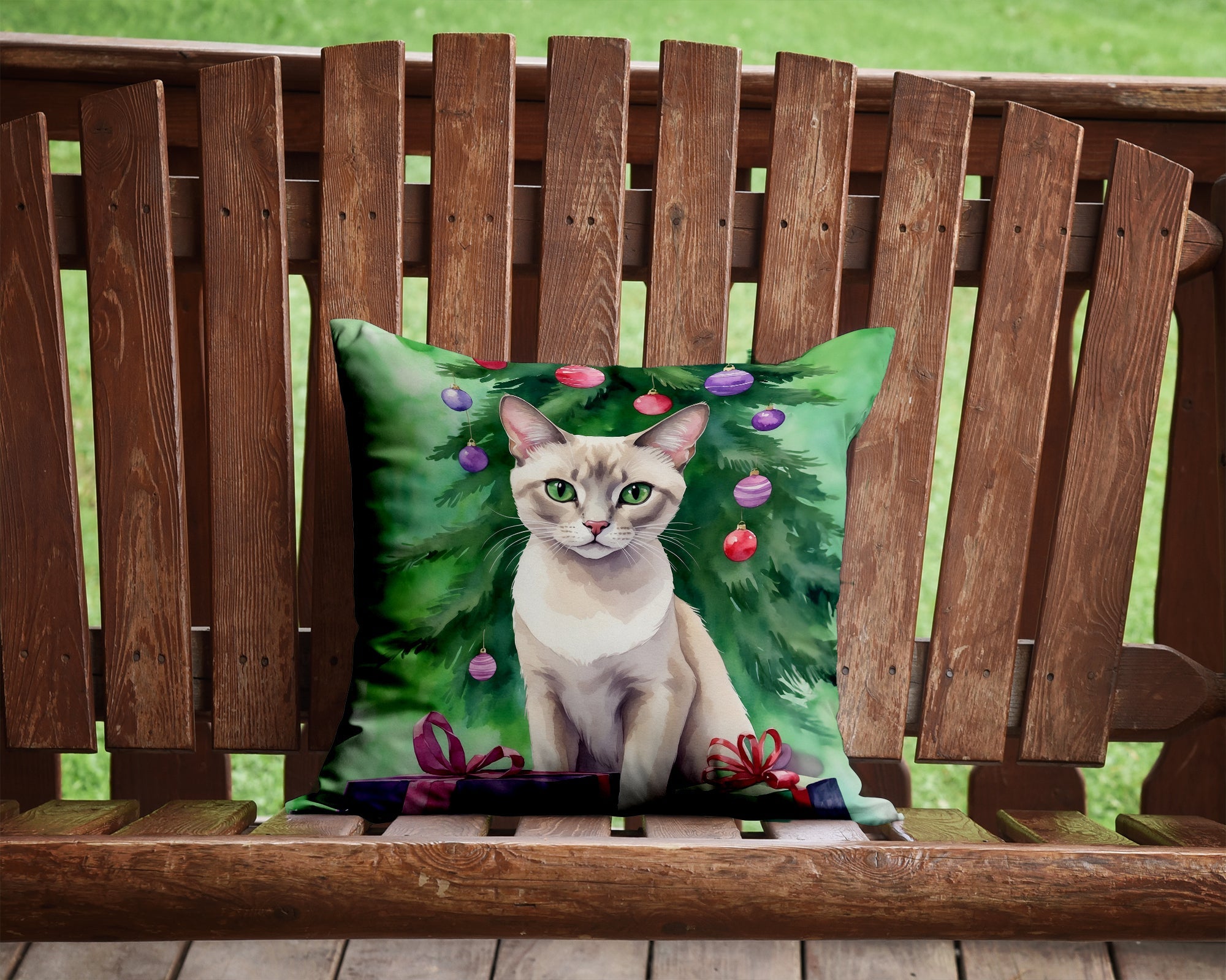 Thai Lilac Cat By the Christmas Tree Decorative Throw Pillow 14x14 Indoor Outdoor Accent Cushion, Fabric Cover with Insert for Sofa, Bed, Porch & Living Room