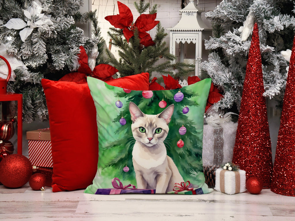 Thai Lilac Cat By the Christmas Tree Decorative Throw Pillow 18x18 Indoor Outdoor Accent Cushion, Fabric Cover with Insert for Sofa, Bed, Porch & Living Room