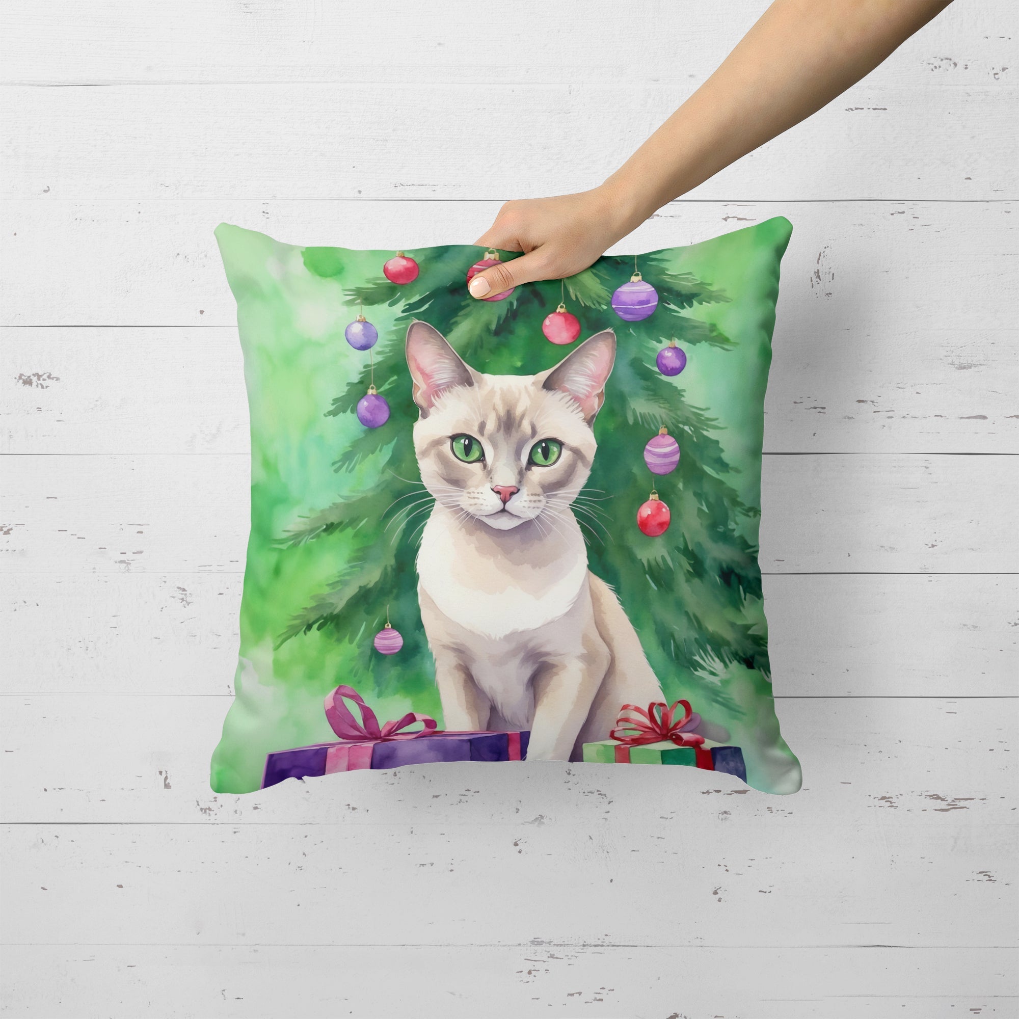 Thai Lilac Cat By the Christmas Tree Decorative Throw Pillow 18x18 Indoor Outdoor Accent Cushion, Fabric Cover with Insert for Sofa, Bed, Porch & Living Room