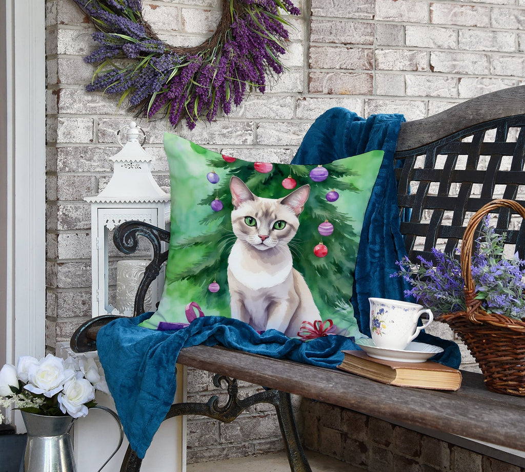 Thai Lilac Cat By the Christmas Tree Decorative Throw Pillow 18x18 Indoor Outdoor Accent Cushion, Fabric Cover with Insert for Sofa, Bed, Porch & Living Room