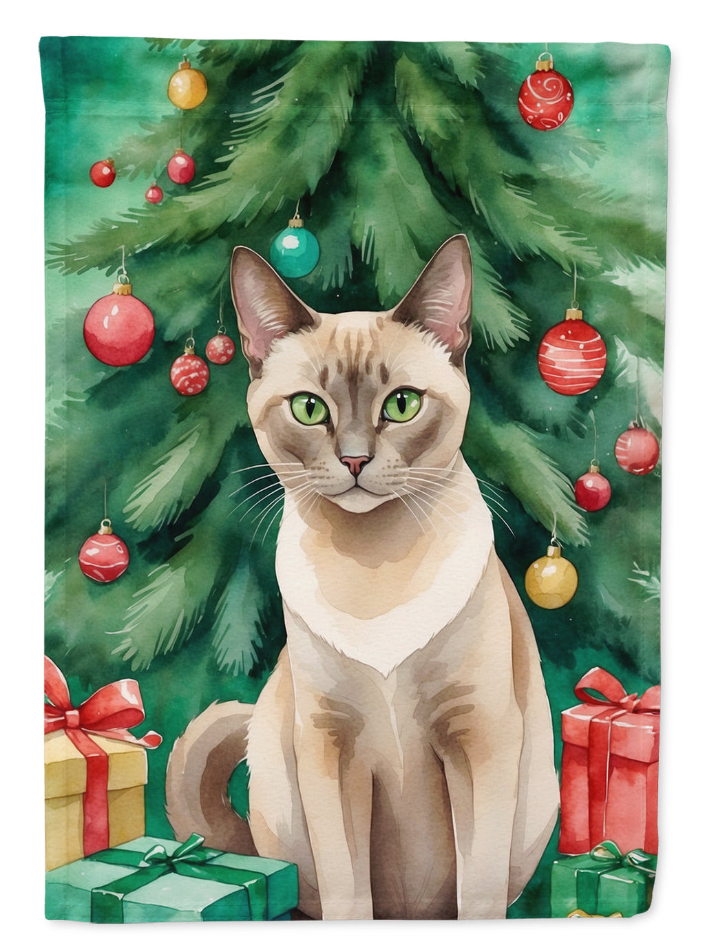 Tonkinese Cat By the Christmas Tree House Flag 28x40 Porch Sleeve Pole Decorative Outside Yard Banner Artwork Wall Hanging, Polyester