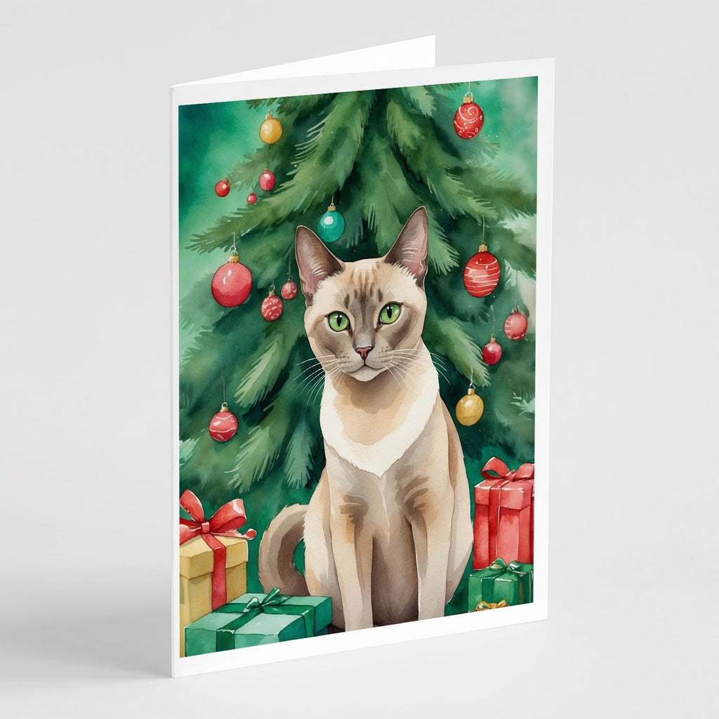 Tonkinese Cat By the Christmas Tree Greeting Cards Pack of 8 Blank Cards with Envelopes Whimsical A7 Size 5x7