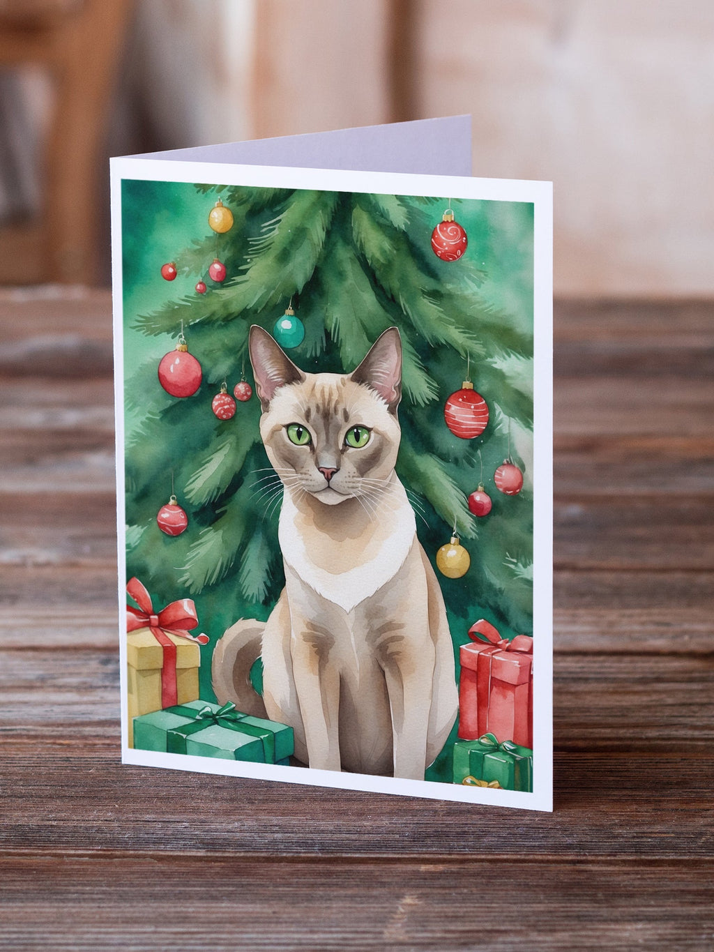 Tonkinese Cat By the Christmas Tree Greeting Cards Pack of 8 Blank Cards with Envelopes Whimsical A7 Size 5x7