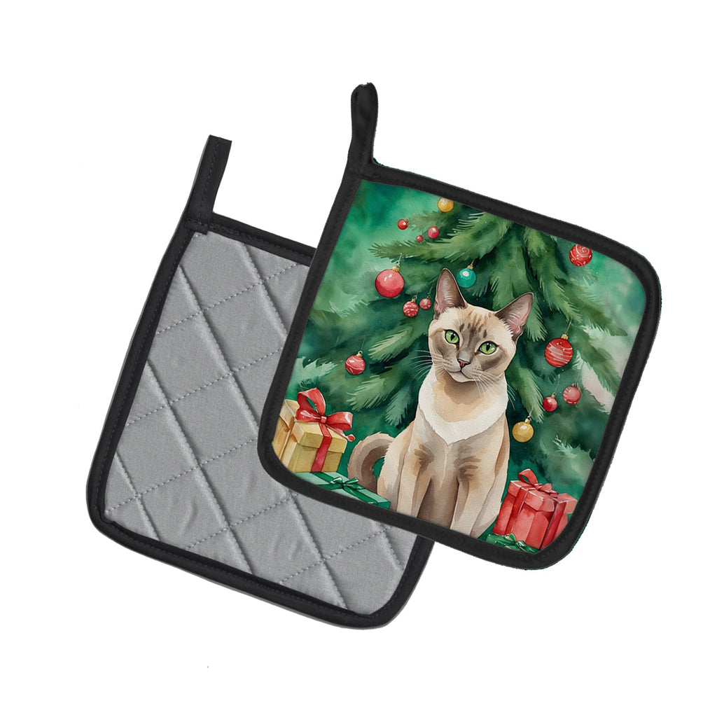 Tonkinese Cat By the Christmas Tree Pot Holder Set of 2 Heat Resistant Quilted Hot Pads 7.5 x 7.5 Inch, Insulated Kitchen Trivets for Cooking & Baking