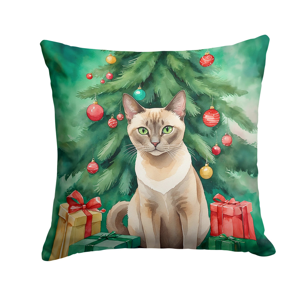 Tonkinese Cat By the Christmas Tree Decorative Throw Pillow 14x14 Indoor Outdoor Accent Cushion, Fabric Cover with Insert for Sofa, Bed, Porch & Living Room