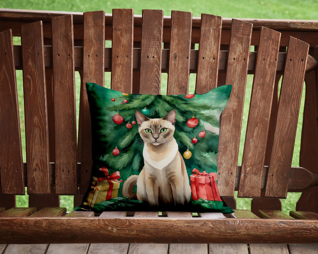 Tonkinese Cat By the Christmas Tree Decorative Throw Pillow 14x14 Indoor Outdoor Accent Cushion, Fabric Cover with Insert for Sofa, Bed, Porch & Living Room