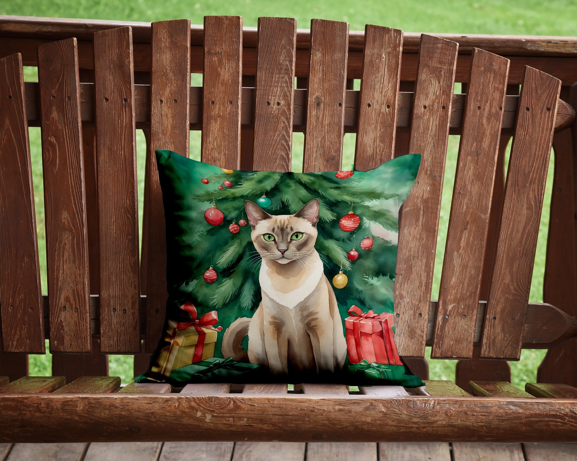 Tonkinese Cat By the Christmas Tree Decorative Throw Pillow 14x14 Indoor Outdoor Accent Cushion, Fabric Cover with Insert for Sofa, Bed, Porch & Living Room