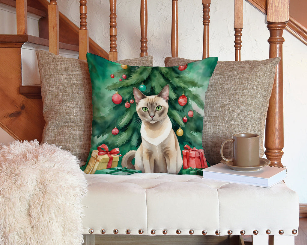 Tonkinese Cat By the Christmas Tree Decorative Throw Pillow 14x14 Indoor Outdoor Accent Cushion, Fabric Cover with Insert for Sofa, Bed, Porch & Living Room