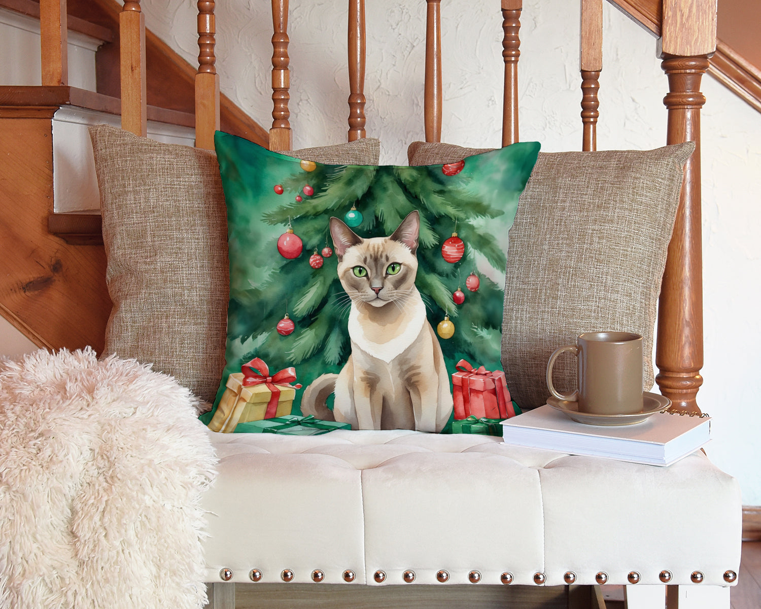 Tonkinese Cat By the Christmas Tree Decorative Throw Pillow 14x14 Indoor Outdoor Accent Cushion, Fabric Cover with Insert for Sofa, Bed, Porch & Living Room