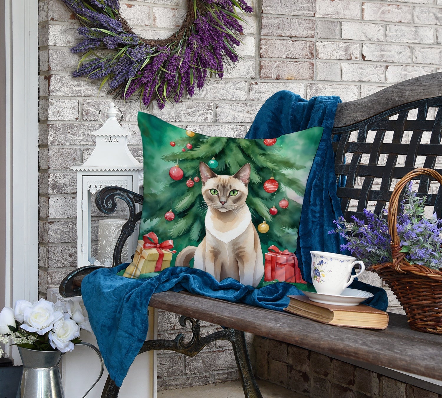 Tonkinese Cat By the Christmas Tree Decorative Throw Pillow 18x18 Indoor Outdoor Accent Cushion, Fabric Cover with Insert for Sofa, Bed, Porch & Living Room