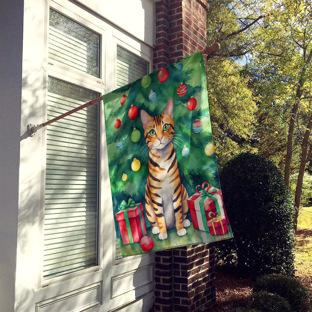 Toyger Cat By the Christmas Tree House Flag 28x40 Porch Sleeve Pole Decorative Outside Yard Banner Artwork Wall Hanging, Polyester