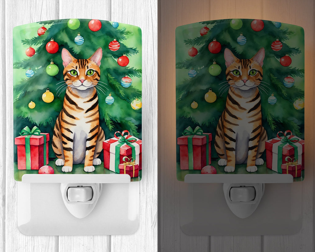 Toyger Cat By the Christmas Tree Ceramic Night Light Compact, UL-Certified, Ideal for Bedroom, Bathroom, Nursery, Hallway, Kitchen, 6x4x3, Multicolor