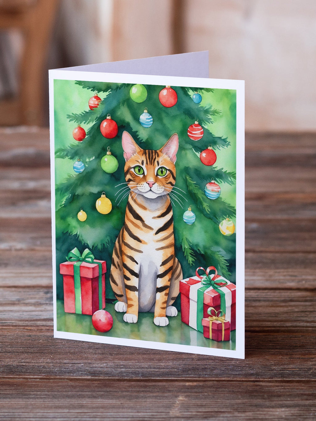 Toyger Cat By the Christmas Tree Greeting Cards Pack of 8 Blank Cards with Envelopes Whimsical A7 Size 5x7
