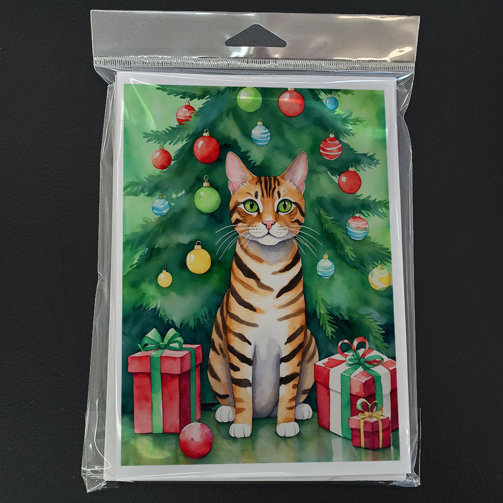 Toyger Cat By the Christmas Tree Greeting Cards Pack of 8 Blank Cards with Envelopes Whimsical A7 Size 5x7