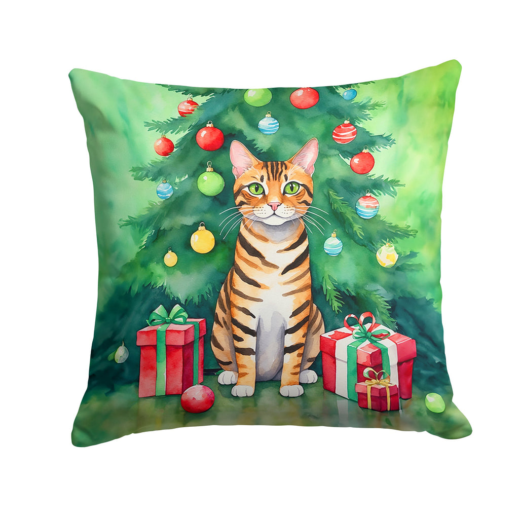 Toyger Cat By the Christmas Tree Decorative Throw Pillow 14x14 Indoor Outdoor Accent Cushion, Fabric Cover with Insert for Sofa, Bed, Porch & Living Room