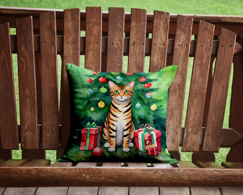 Toyger Cat By the Christmas Tree Decorative Throw Pillow 14x14 Indoor Outdoor Accent Cushion, Fabric Cover with Insert for Sofa, Bed, Porch & Living Room