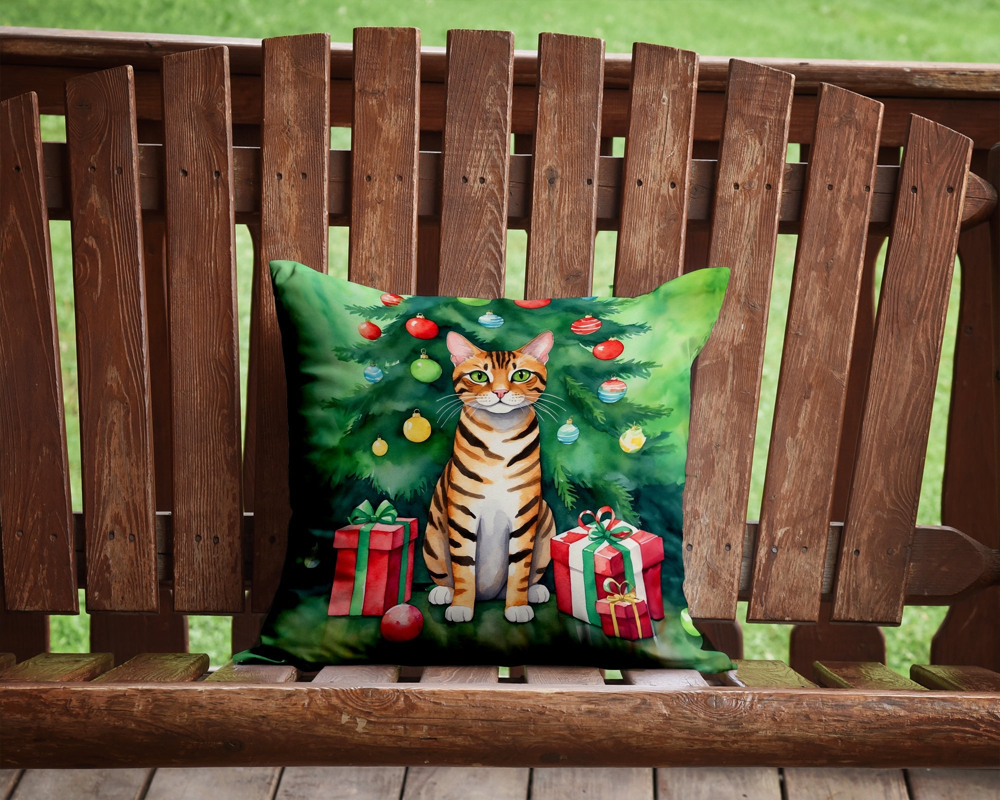 Toyger Cat By the Christmas Tree Decorative Throw Pillow 14x14 Indoor Outdoor Accent Cushion, Fabric Cover with Insert for Sofa, Bed, Porch & Living Room