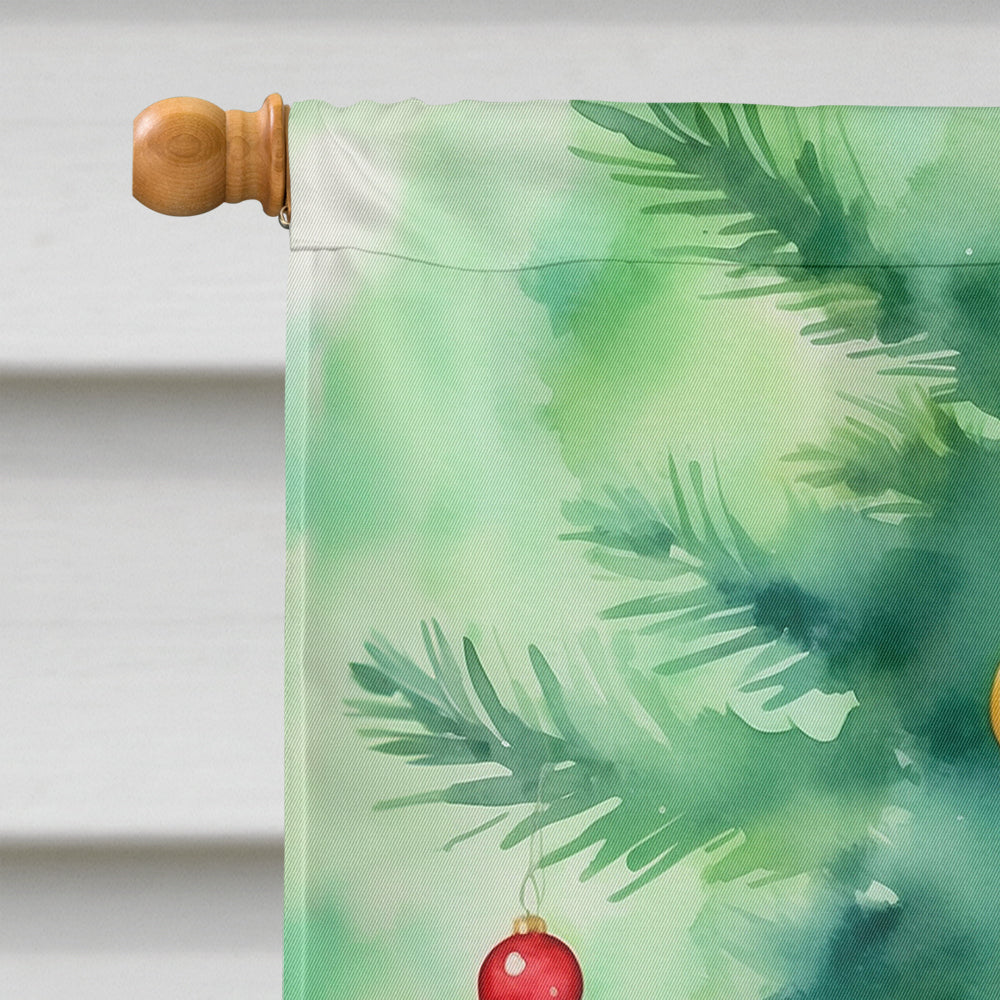 Turkish Angora Cat By the Christmas Tree House Flag 28x40 Porch Sleeve Pole Decorative Outside Yard Banner Artwork Wall Hanging, Polyester
