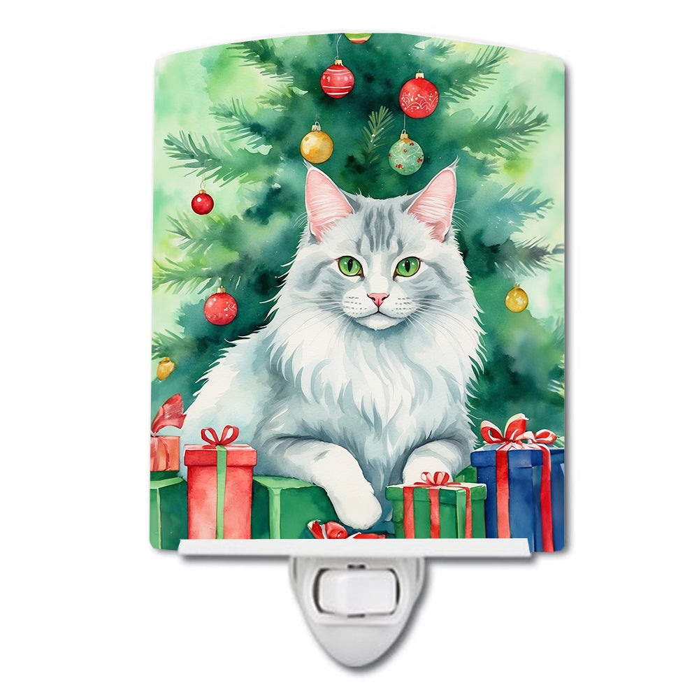 Turkish Angora Cat By the Christmas Tree Ceramic Night Light Compact, UL-Certified, Ideal for Bedroom, Bathroom, Nursery, Hallway, Kitchen, 6x4x3, Multicolor