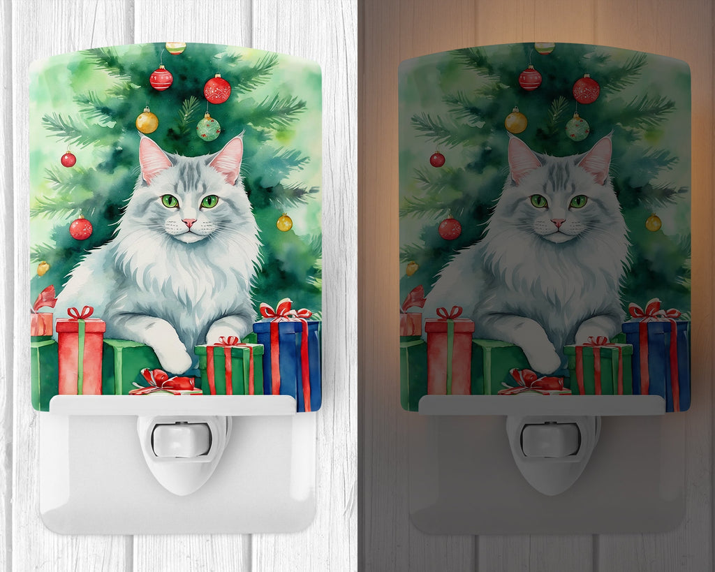 Turkish Angora Cat By the Christmas Tree Ceramic Night Light Compact, UL-Certified, Ideal for Bedroom, Bathroom, Nursery, Hallway, Kitchen, 6x4x3, Multicolor