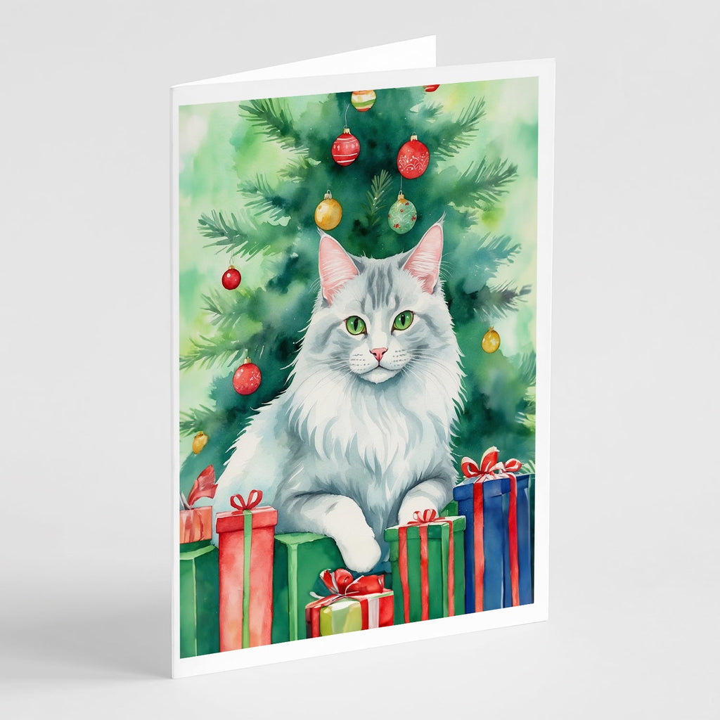 Turkish Angora Cat By the Christmas Tree Greeting Cards Pack of 8 Blank Cards with Envelopes Whimsical A7 Size 5x7