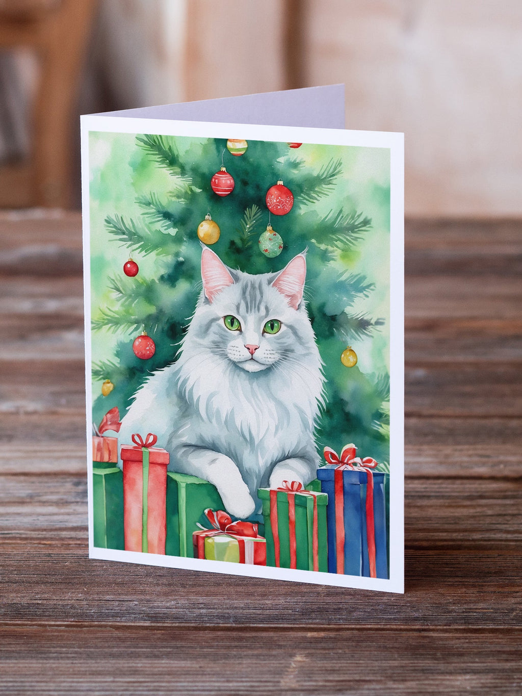 Turkish Angora Cat By the Christmas Tree Greeting Cards Pack of 8 Blank Cards with Envelopes Whimsical A7 Size 5x7