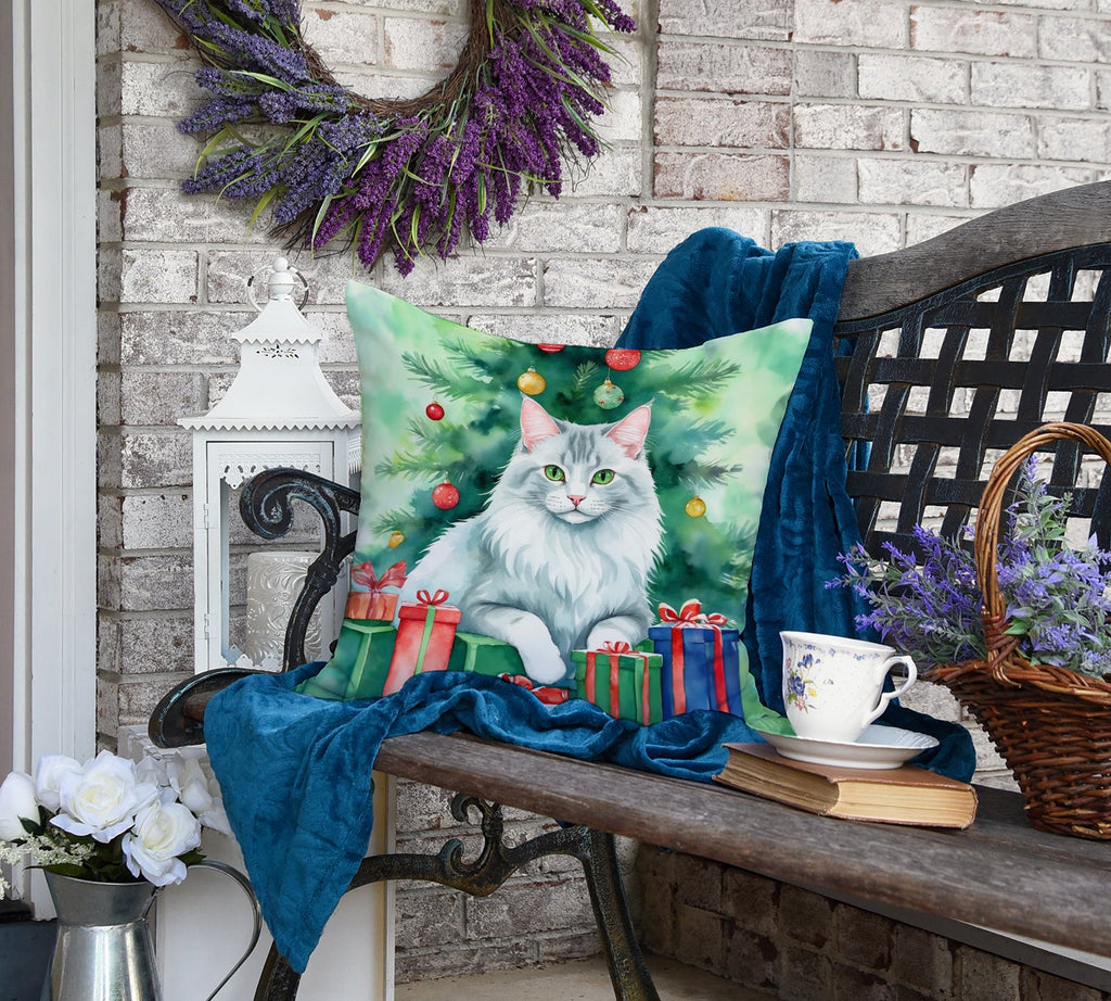 Turkish Angora Cat By the Christmas Tree Decorative Throw Pillow 18x18 Indoor Outdoor Accent Cushion, Fabric Cover with Insert for Sofa, Bed, Porch & Living Room