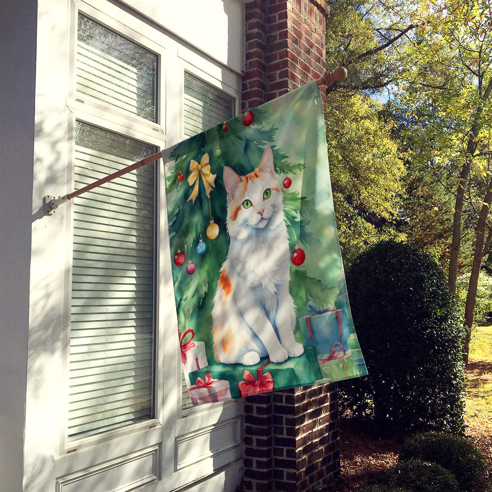 Turkish Van Cat By the Christmas Tree House Flag 28x40 Porch Sleeve Pole Decorative Outside Yard Banner Artwork Wall Hanging, Polyester