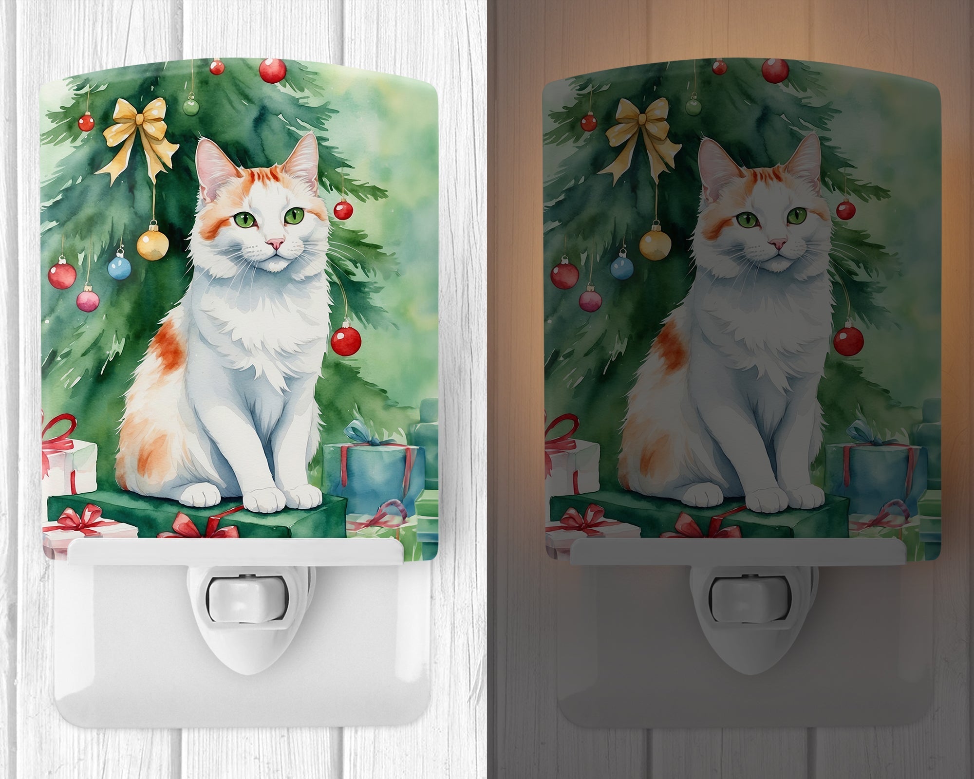 Turkish Van Cat By the Christmas Tree Ceramic Night Light Compact, UL-Certified, Ideal for Bedroom, Bathroom, Nursery, Hallway, Kitchen, 6x4x3, Multicolor