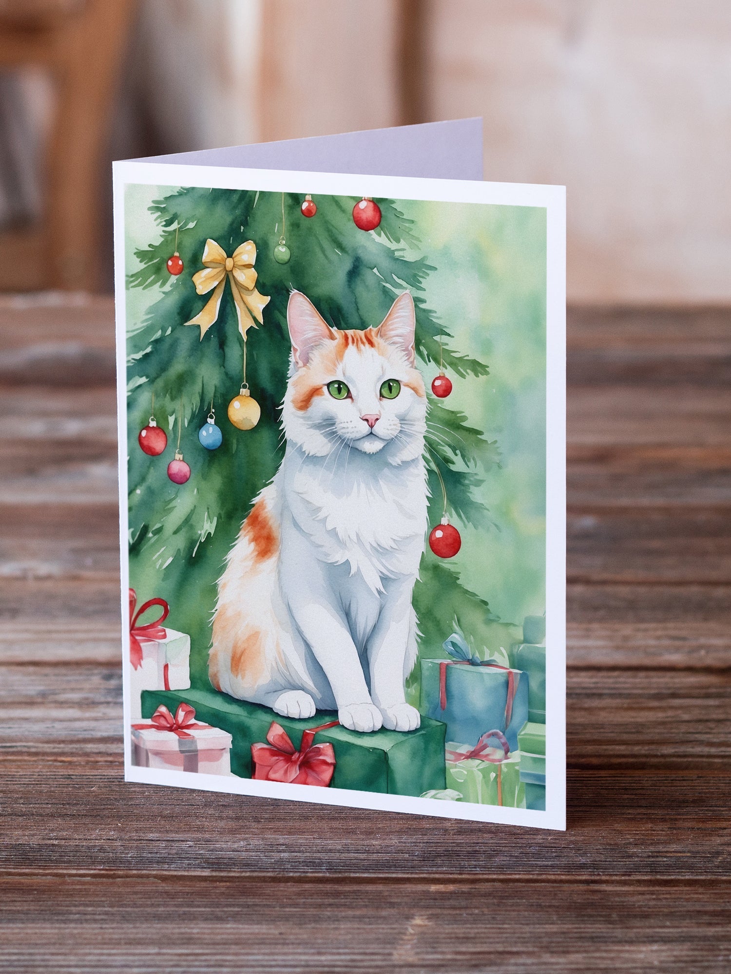Turkish Van Cat By the Christmas Tree Greeting Cards Pack of 8 Blank Cards with Envelopes Whimsical A7 Size 5x7