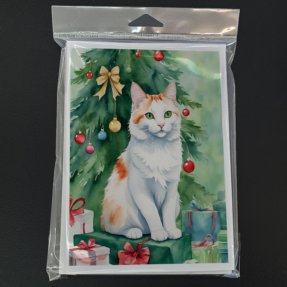Turkish Van Cat By the Christmas Tree Greeting Cards Pack of 8 Blank Cards with Envelopes Whimsical A7 Size 5x7