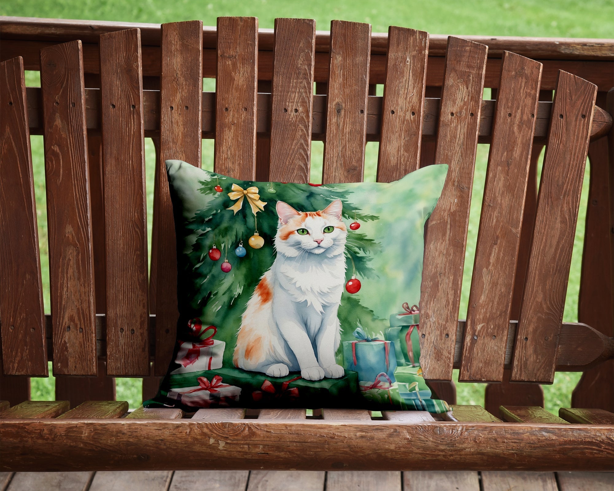 Turkish Van Cat By the Christmas Tree Decorative Throw Pillow 14x14 Indoor Outdoor Accent Cushion, Fabric Cover with Insert for Sofa, Bed, Porch & Living Room