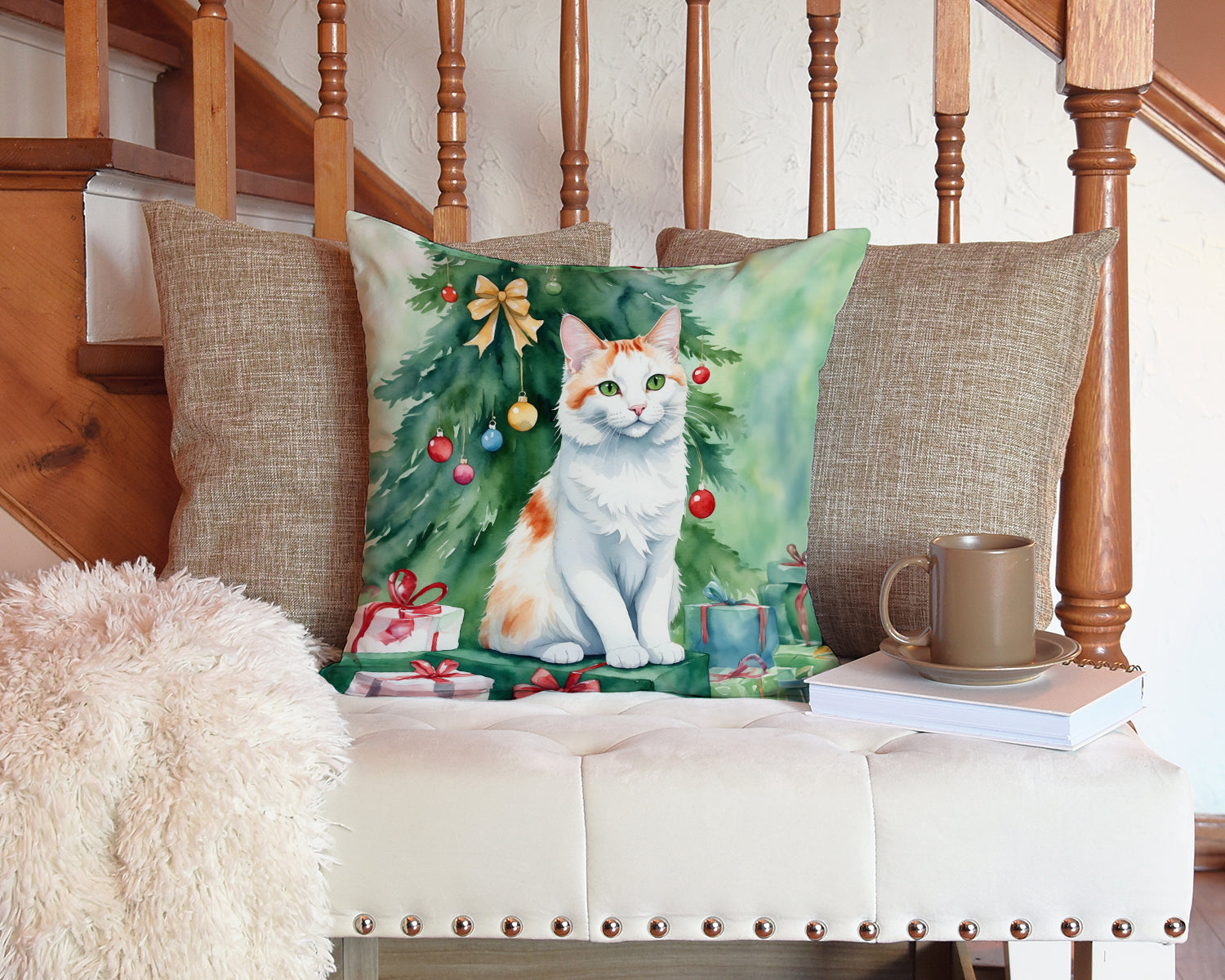 Turkish Van Cat By the Christmas Tree Decorative Throw Pillow 14x14 Indoor Outdoor Accent Cushion, Fabric Cover with Insert for Sofa, Bed, Porch & Living Room