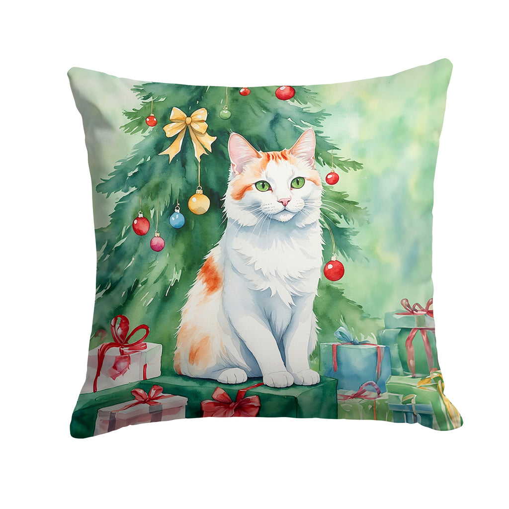 Turkish Van Cat By the Christmas Tree Decorative Throw Pillow 18x18 Indoor Outdoor Accent Cushion, Fabric Cover with Insert for Sofa, Bed, Porch & Living Room