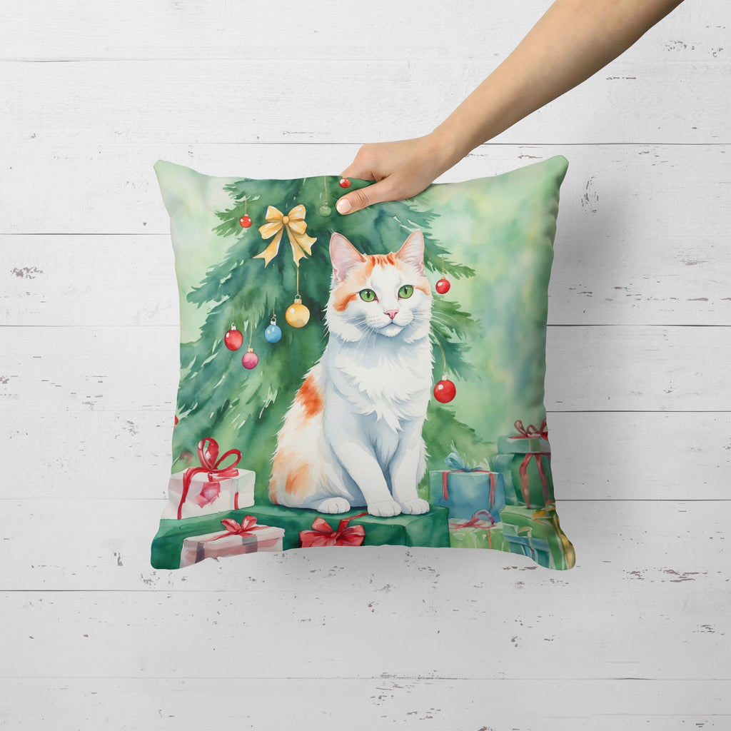 Turkish Van Cat By the Christmas Tree Decorative Throw Pillow 18x18 Indoor Outdoor Accent Cushion, Fabric Cover with Insert for Sofa, Bed, Porch & Living Room