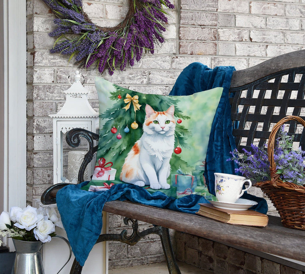 Turkish Van Cat By the Christmas Tree Decorative Throw Pillow 18x18 Indoor Outdoor Accent Cushion, Fabric Cover with Insert for Sofa, Bed, Porch & Living Room