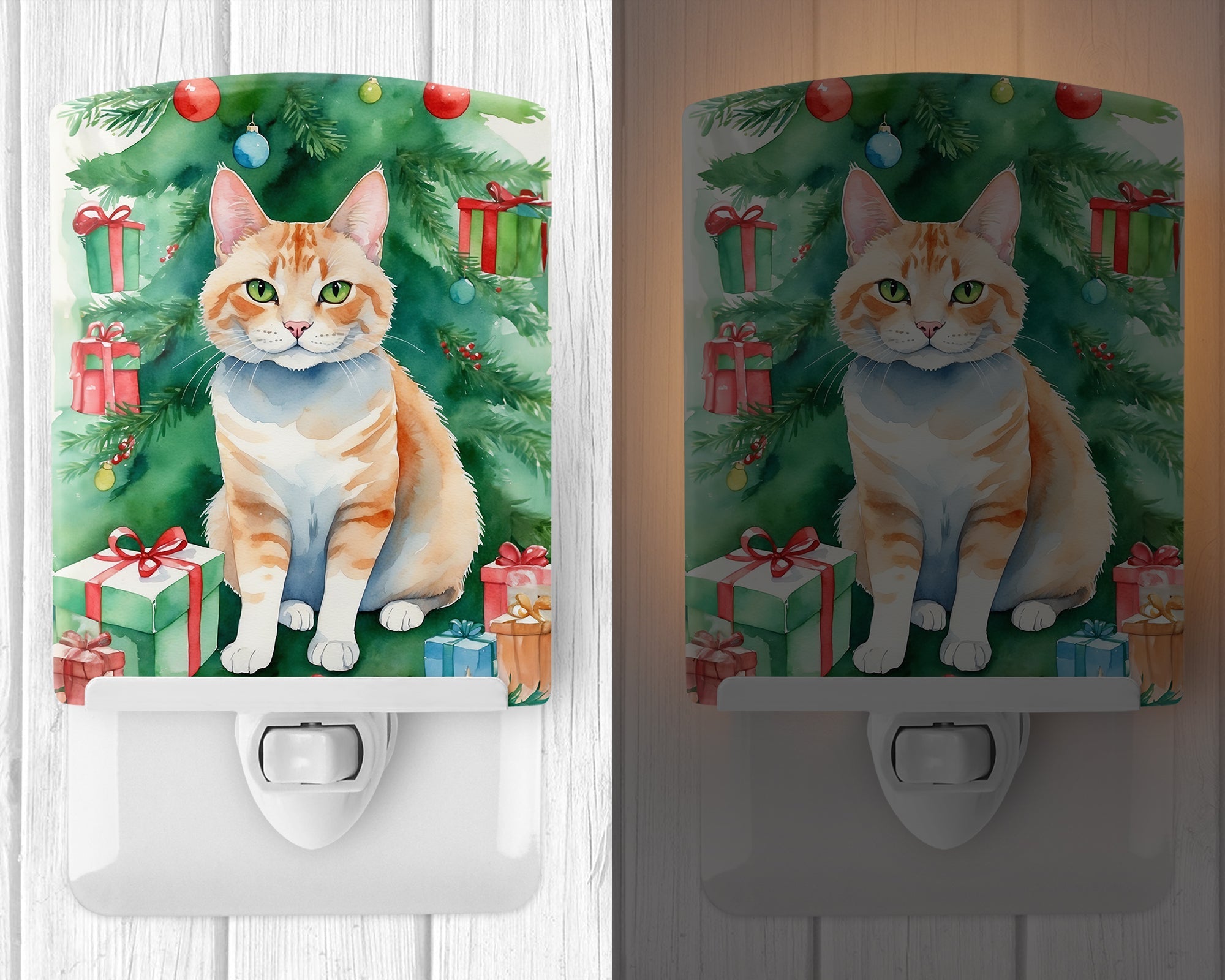 Ural Rex Cat By the Christmas Tree Ceramic Night Light Compact, UL-Certified, Ideal for Bedroom, Bathroom, Nursery, Hallway, Kitchen, 6x4x3, Multicolor