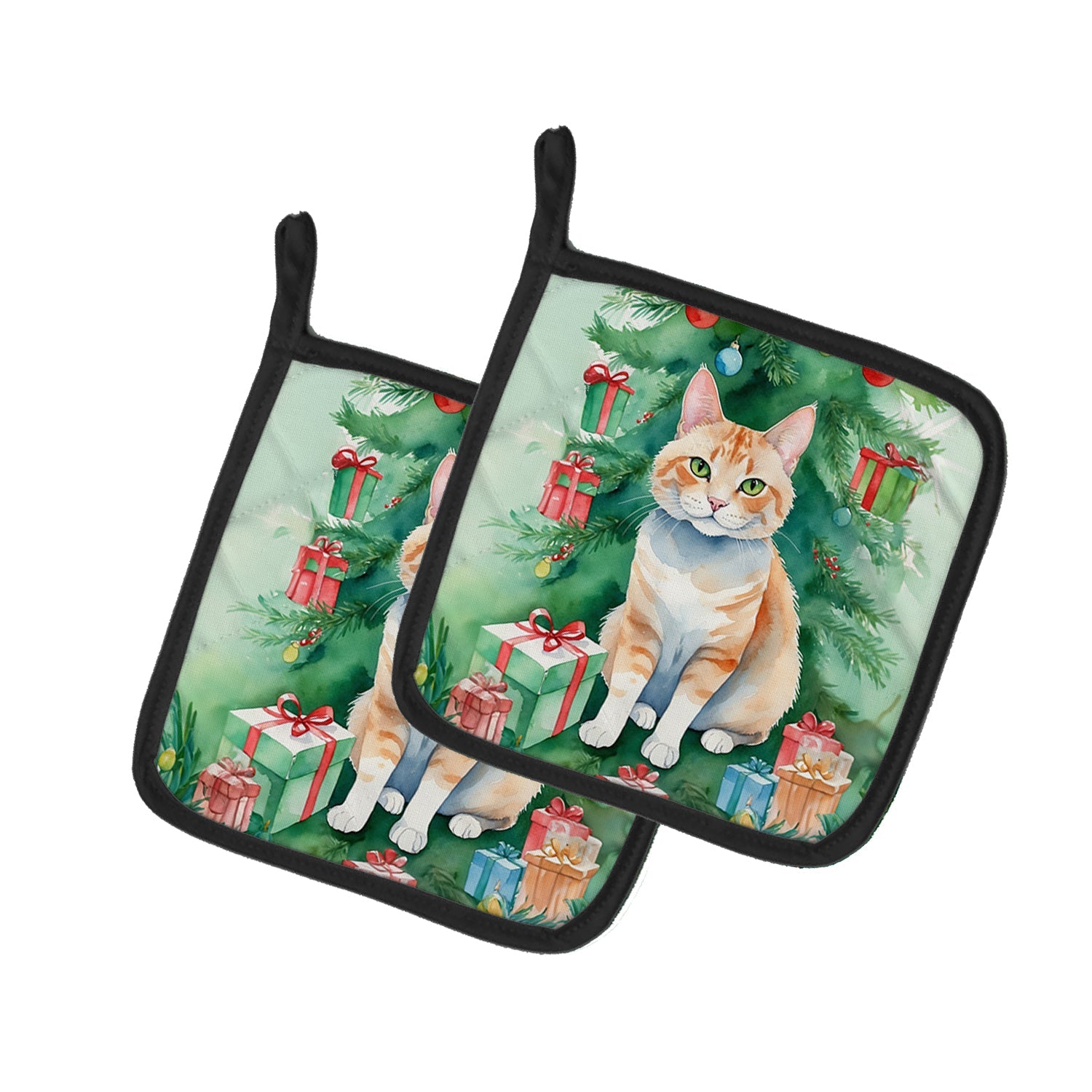 Ural Rex Cat By the Christmas Tree Pot Holder Set of 2 Heat Resistant Quilted Hot Pads 7.5 x 7.5 Inch, Insulated Kitchen Trivets for Cooking & Baking