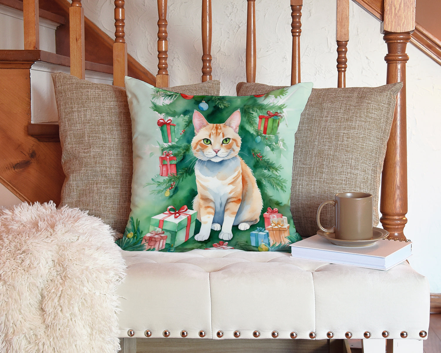 Ural Rex Cat By the Christmas Tree Decorative Throw Pillow 14x14 Indoor Outdoor Accent Cushion, Fabric Cover with Insert for Sofa, Bed, Porch & Living Room
