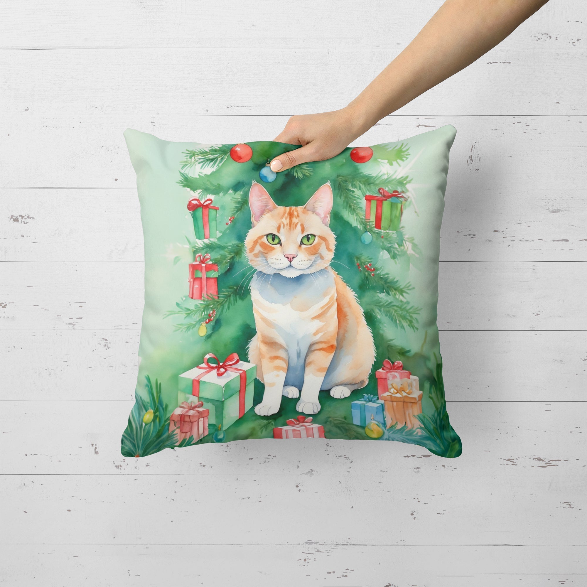 Ural Rex Cat By the Christmas Tree Decorative Throw Pillow 18x18 Indoor Outdoor Accent Cushion, Fabric Cover with Insert for Sofa, Bed, Porch & Living Room