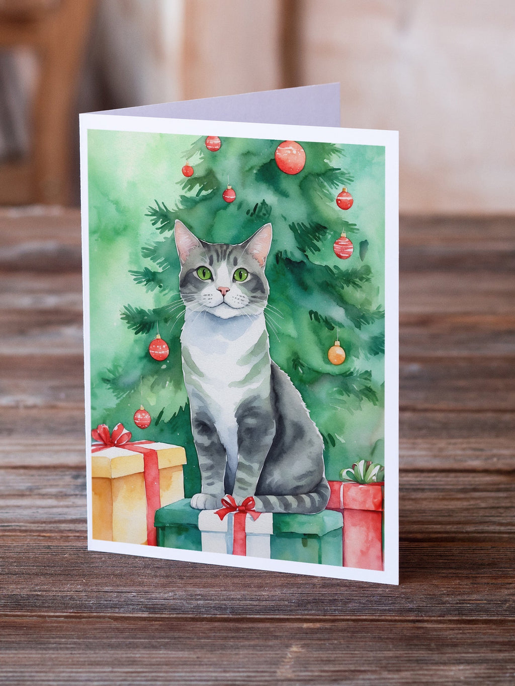Ural Rex Cat By the Christmas Tree Greeting Cards Pack of 8 Blank Cards with Envelopes Whimsical A7 Size 5x7