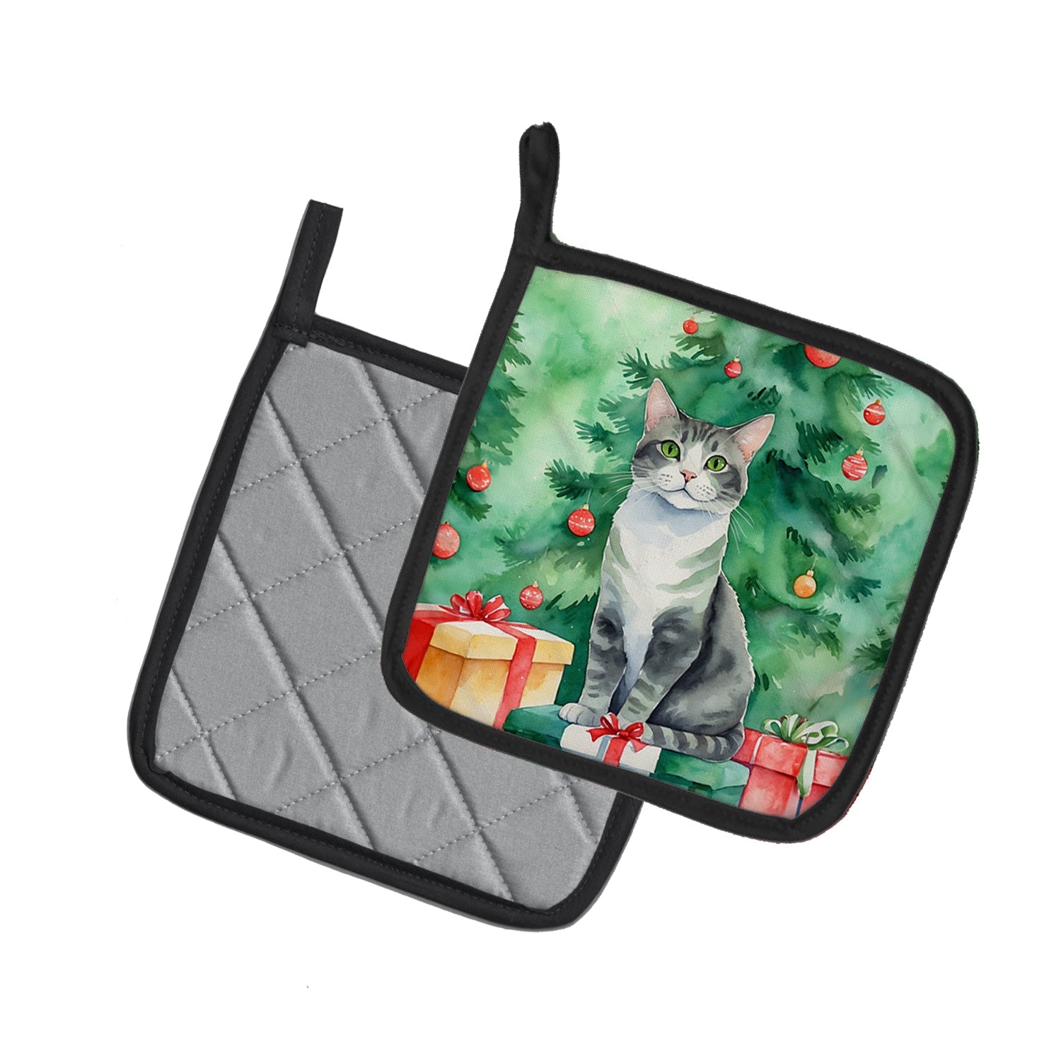 Ural Rex Cat By the Christmas Tree Pot Holder Set of 2 Heat Resistant Quilted Hot Pads 7.5 x 7.5 Inch, Insulated Kitchen Trivets for Cooking & Baking