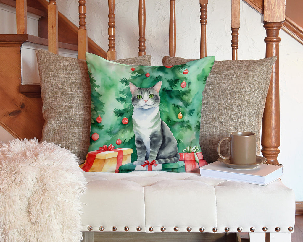 Ural Rex Cat By the Christmas Tree Decorative Throw Pillow 14x14 Indoor Outdoor Accent Cushion, Fabric Cover with Insert for Sofa, Bed, Porch & Living Room