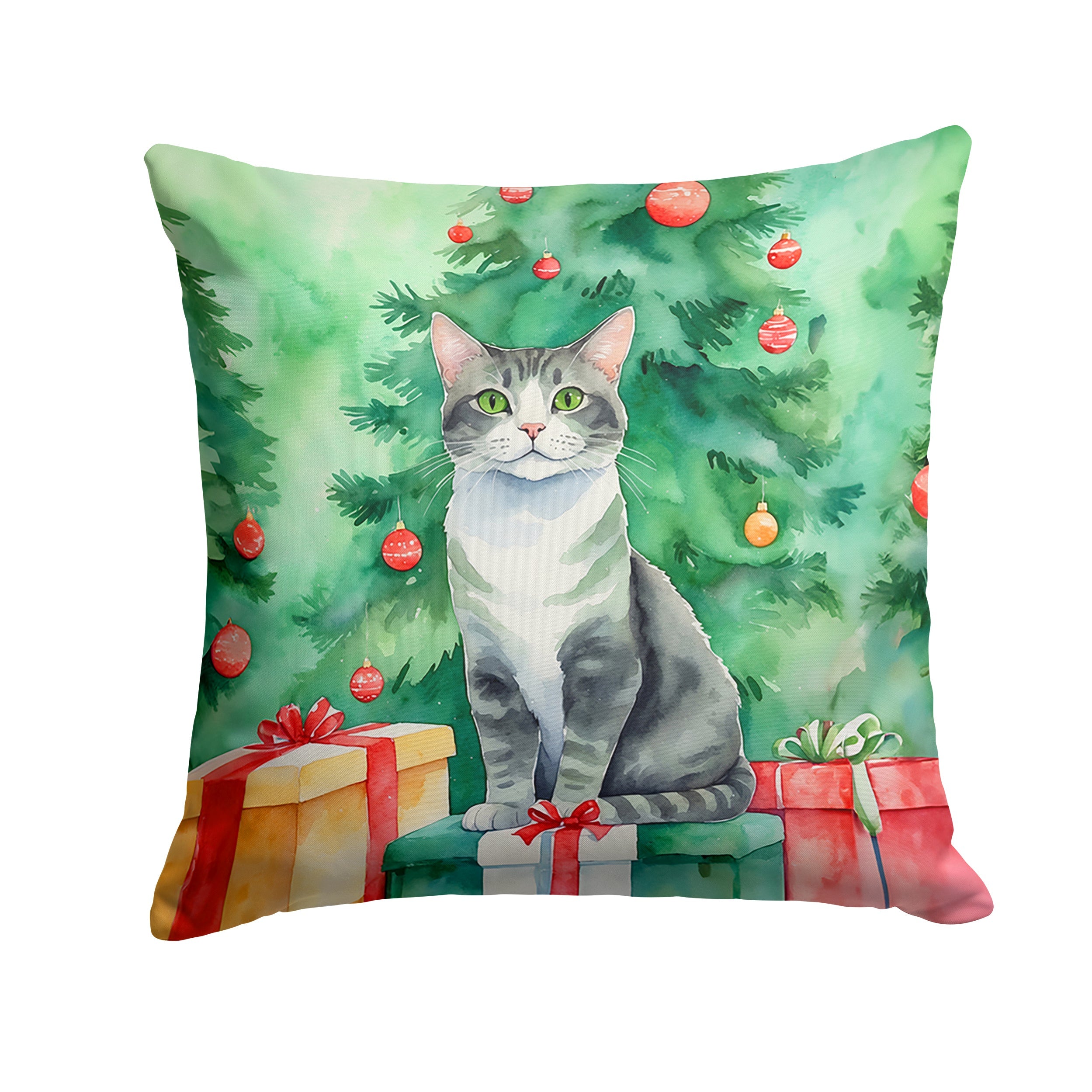 Ural Rex Cat By the Christmas Tree Decorative Throw Pillow 18x18 Indoor Outdoor Accent Cushion, Fabric Cover with Insert for Sofa, Bed, Porch & Living Room