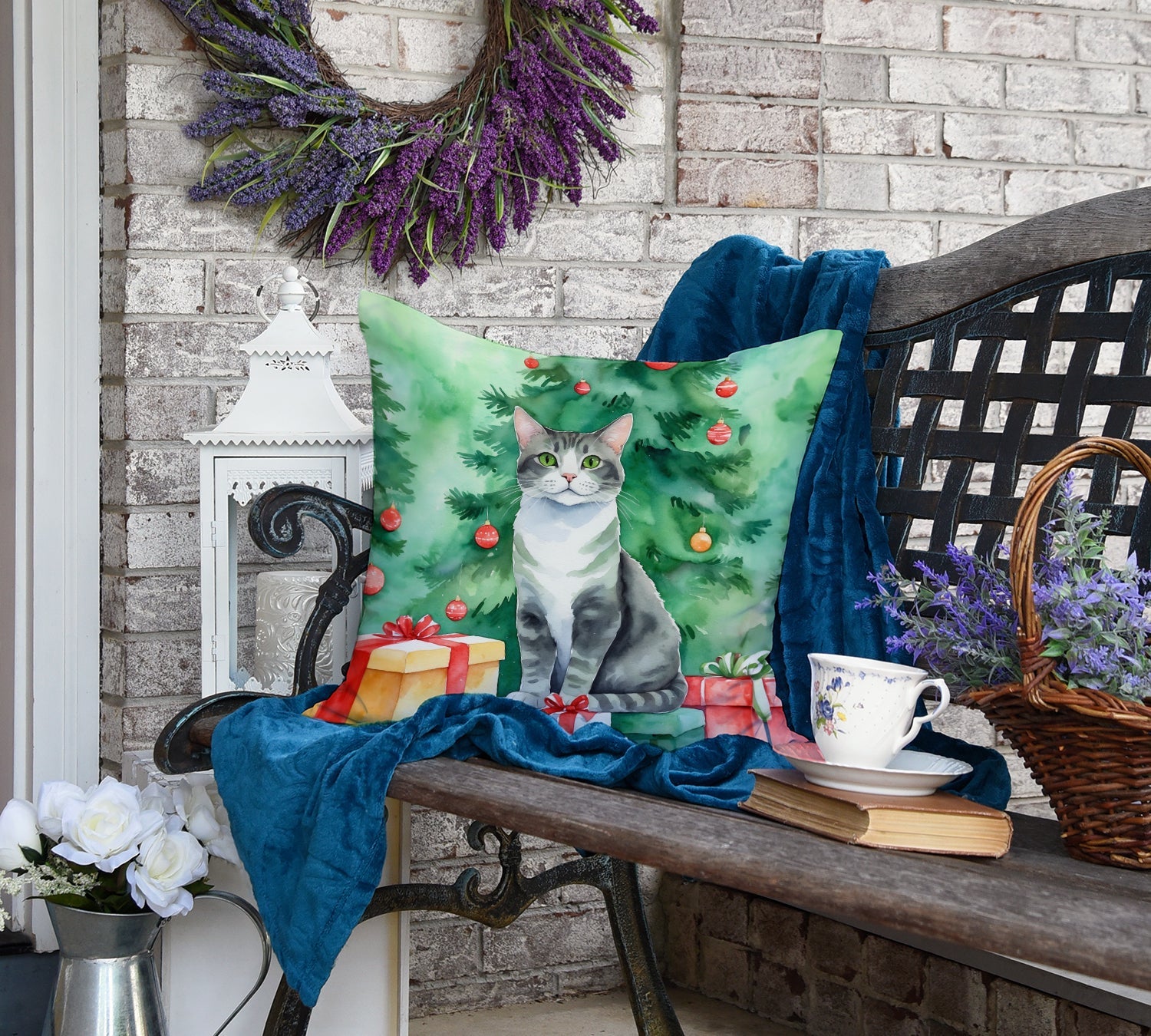 Ural Rex Cat By the Christmas Tree Decorative Throw Pillow 18x18 Indoor Outdoor Accent Cushion, Fabric Cover with Insert for Sofa, Bed, Porch & Living Room